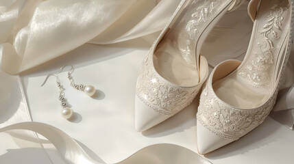 Elegant White Wedding Heels and Pearl Earrings Delicate Bridal Accessories Close up Soft Light