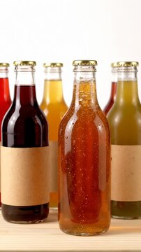 Assortment of Glass Bottles Filled With Colorful Drinks and Blank Labels on Wooden Surface
