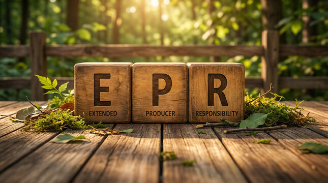 Extended Producer Responsibility EPR acronym on rustic wooden blocks in a sunlit forest for environmental sustainability and waste management concept
