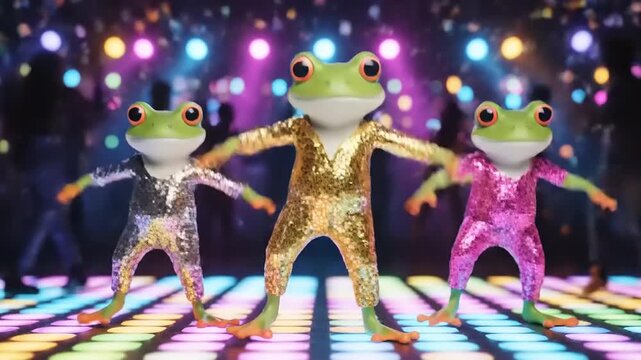 Three frogs dance in sequined outfits, fun and energetic, disco style, vibrant colors, party scene, retro vibe, fantasy, modern, and playful