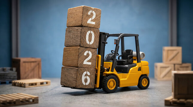 Industrial forklift lifting wooden blocks with year 2026 in warehouse for logistics and supply chain growth concept
