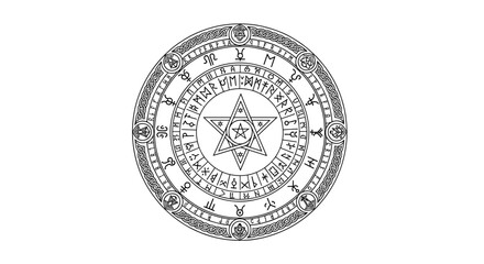Naklejka premium Mystical Pentagram Symbol with Ancient Runes and Astrology Circle.