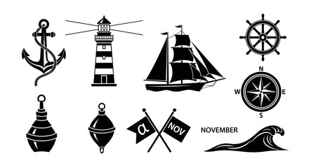 Nautical Themed Icons Collection Featuring Anchor Ship Lighthouse and Compass. © alvaro
