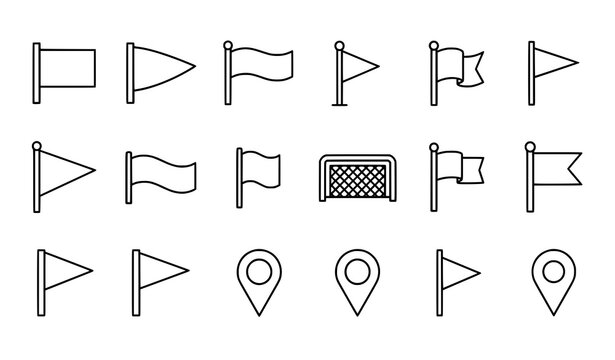 Thin line black flag icon collection in monoline style isolated on white vector