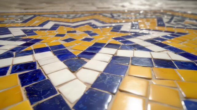 Camera Focuses on Ornate Mosaic Tile Floor Pattern in Moroccan Style