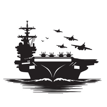 Aircraft Carrier Silhouette Vector with Fighter Jet, Military Navy Illustration
