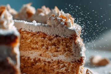 Fototapeta premium Artisanal layered cake showcasing frosting swirls, crumbs, and sugar granules, cozy dessert scene with soft natural illumination 