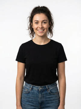 Young woman with dark, messy hair tied up, smiling confidently at the camera, wearing a black t-shirt and blue jeans.