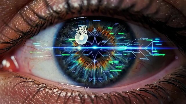 Closeup iris scan captures biometric hud and sensor overlays in high detail, clinical security scene showing pupil reflection, digital readouts and optical pattern analysis.
