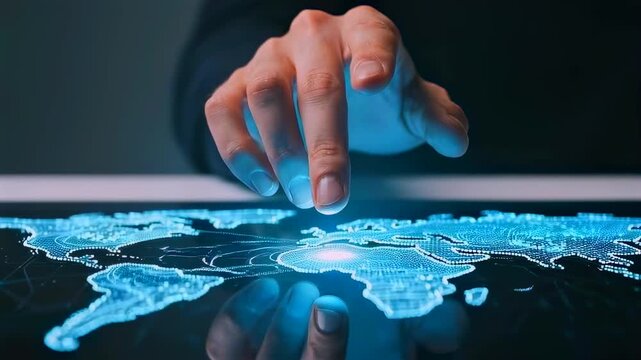 Hand over holographic world map navigating global data on touchscreen, cool blue illumination and reflective surface, operator tapping continents to select routes and nodes, strategic