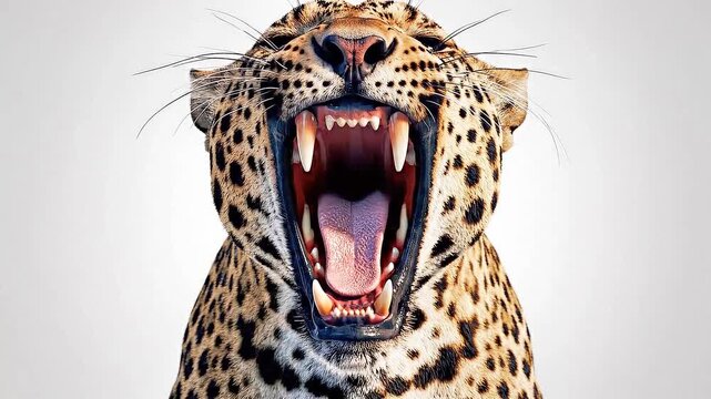 Roaring Leopard Portrait Isolated on White Background. High-resolution studio portrait of a roaring leopard with mouth open and sharp fangs visible.