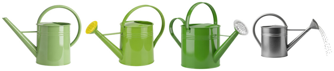 four distinct watering cans in various shades of green and one metallic silver, meticulously arranged on a dark background for gardening tasks. © Gogu