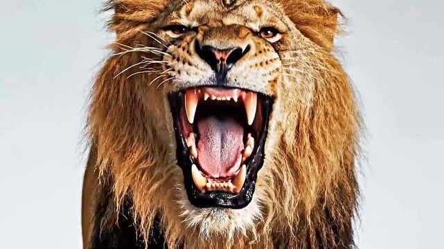 Roaring Lion with Open Mouth Isolated on Light Background. Dramatic close-up portrait of a roaring male lion with mouth wide open, showing sharp fangs and powerful expression.
