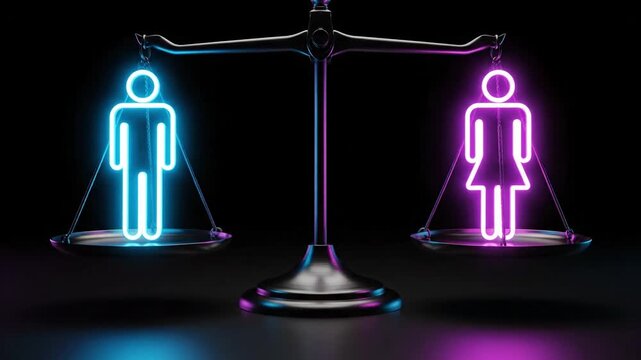 Neon-lit scale with glowing male and female figures symbolizing gender equality law and international justice in a dark background with a focus on balance and parity.