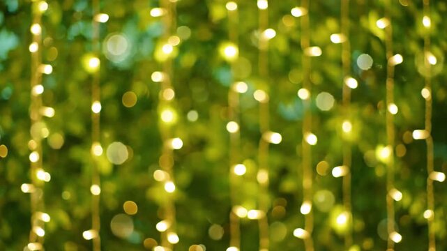 Blurred background with hanging string lights and green foliage warm golden glow bokeh effect festive atmosphere outdoor setting