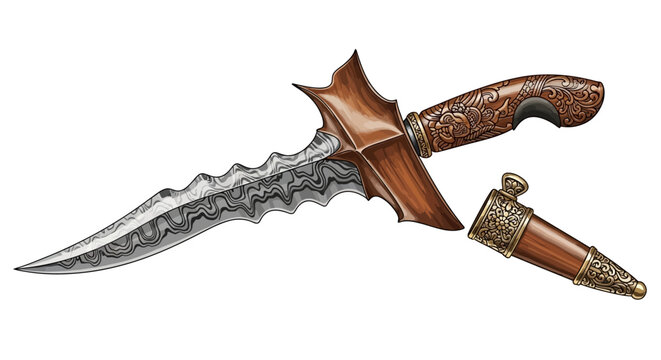 kris dagger with ornate wooden handle and sheath.