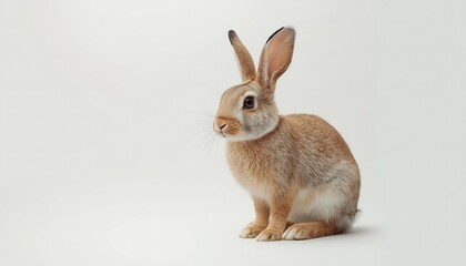 Fototapeta premium A cute rabbit sitting on a white background looking alert and curious