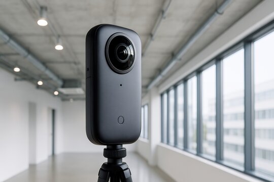 オフィス室内に三脚で設置された最新型360度カメラを捉えた映像制作向け機材イメージ