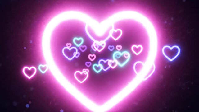 Neon Heart Glow Loop &ndash; Colorful Floating Hearts on Dark Background in 4K