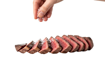 Chef's hand sprinkles sea salt flakes onto perfectly sliced, medium-rare grilled beef steak against a dramatic white background