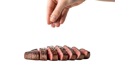 Sprinkling Salt on Medium Rare Steak Slices