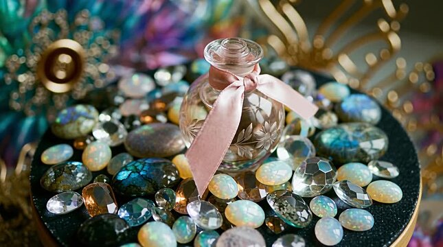 Aromatic essence bottle surrounded by diverse sparkling gemstones and opulent decorative elements.