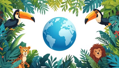 Fototapeta premium A vibrant illustration of the Earth surrounded by lush jungle foliage and exotic animals.