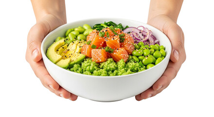 Fresh Salmon Poke Bowl Held on White
