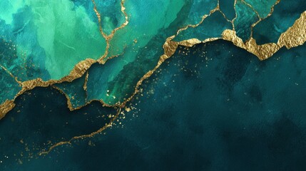 Naklejka premium Abstract watercolor texture with teal, green and deep blue hues, accented with gold kintsugi-style cracks, luxurious modern design backdrop