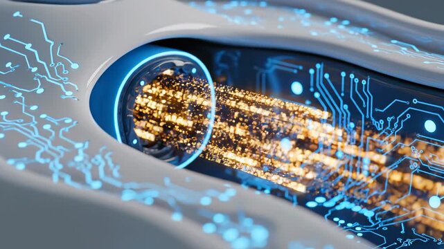 closeup of optical conduit revealing streaming golden data packets and circuit traces, blue illuminated casing, high throughput connectivity vibe, sleek hardware details