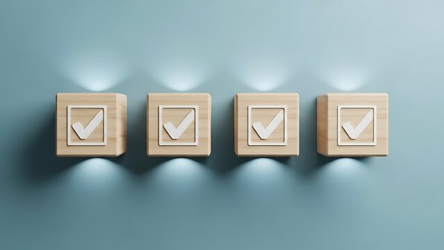Four light wooden blocks each featuring a prominent white checkmark symbol centered on the visible face are illuminated from below against a muted teal background suggesting completion of tasks or qua