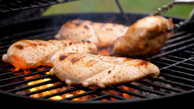Grilled Chicken Breast on Barbecue with Flames