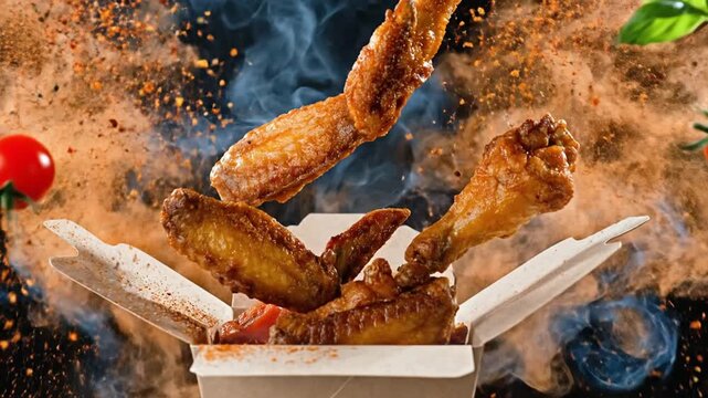 Deliciously prepared chicken wings exploding from a take-out box in a cloud of spices and smoke