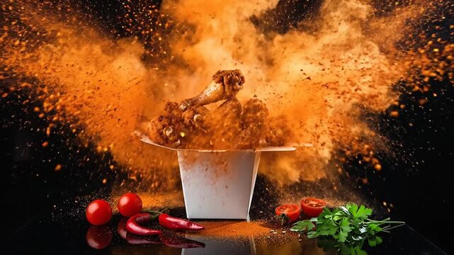 Explosion of spices and fried chicken creating a dynamic and exciting food experience