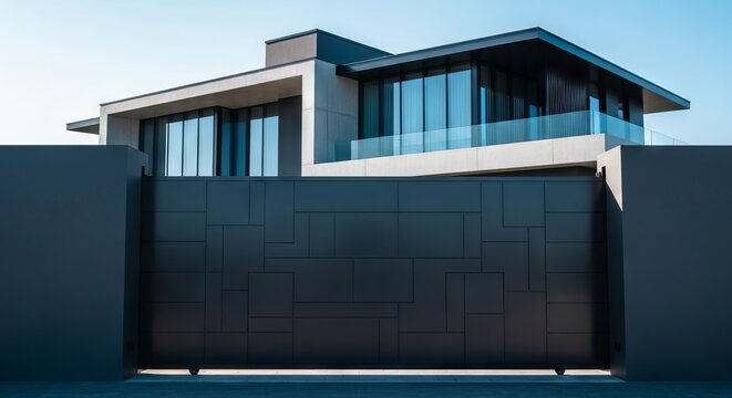 Imposing dark industrial mansion architecture featuring a massive anthracite sliding security gate fence, emphasizing luxury and contemporary high-end design, property, opulent, exclusive