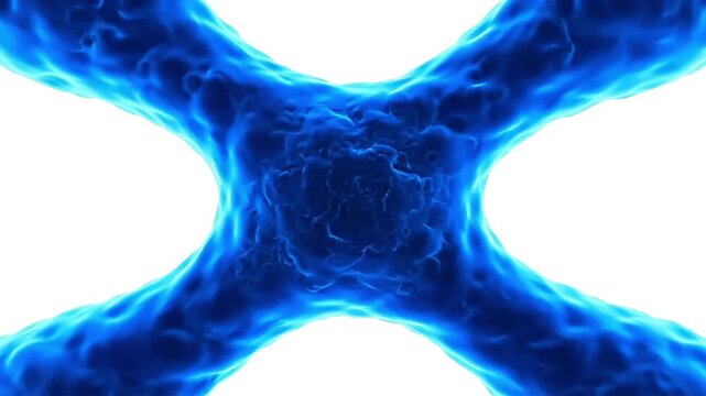 Abstract glowing blue molecular structure with four arms radiating from a central core representing science technology and futuristic concepts in a clean studio setting