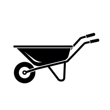 Black wheelbarrow icon on white background.