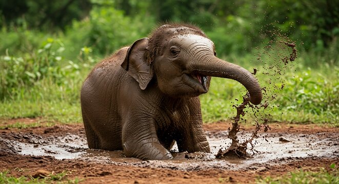 Young elephant playing in a mud puddle surrounded by green vegetation