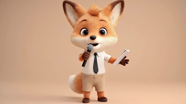 Red fox character holding a microphone and notes, dressed as a reporter, with friendly expression and clean studio background