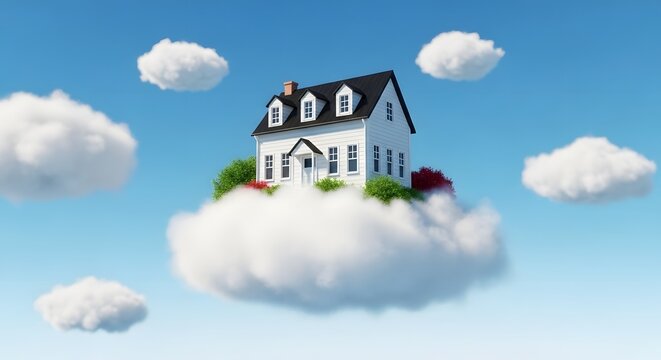 Adorable 3D whimsical house floating on a fluffy cloud against a magical golden hour sunset sky. This pastel dreamscape offers comfort, fantasy, and imagination