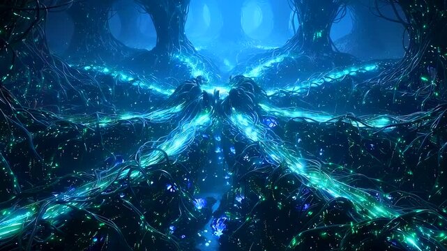 bioluminescent root network glowing in subterranean cavern, iridescent veins and fluid pathways creating luminous corridors ethereal atmosphere with shimmering filaments, depth and mystic