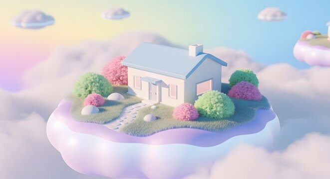 Adorable 3D whimsical house floating on a fluffy cloud against a magical golden hour sunset sky. This pastel dreamscape offers comfort, fantasy, and imagination