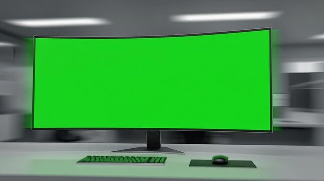 Modern office workspace with green screen computer monitor and sleek peripherals