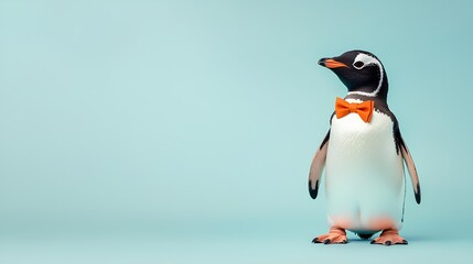 Penguin with orange bow tie on blue background. Space for text.