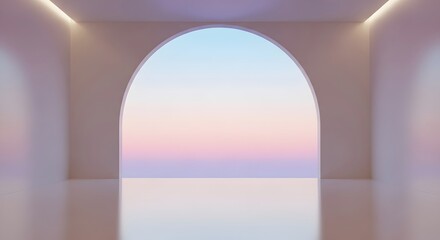 Fototapeta premium 3D render of a pristine, empty minimalist room featuring soft cove lighting and a glossy reflective floor. A central arched opening frames an ethereal pastel gradient sky (pink, blue, lavender). Perfe