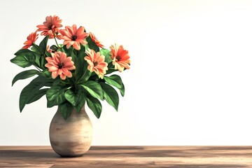 Vase with flowers on wooden table with white background