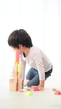 ブロックで元気に遊ぶ男の子　yeah～できたよ！の達成や成功のやり抜く非認知能力のイメージの縦動画