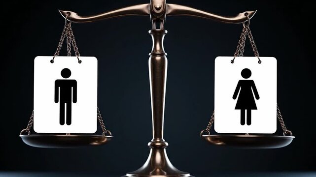 A bronze scale balancing gender equality symbols for men and women on a dark background, conveying a sense of fairness and justice.