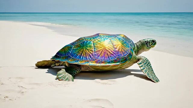 A turtle with an iridescent shell crawls on a sandy beach towards a turquoise ocean