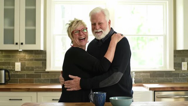 Joyful older caucasian couple, blonde hair woman & white beard man, embracing, laughing in bright, sunlit kitchen with wood & white cabinets. Concept of lasting love